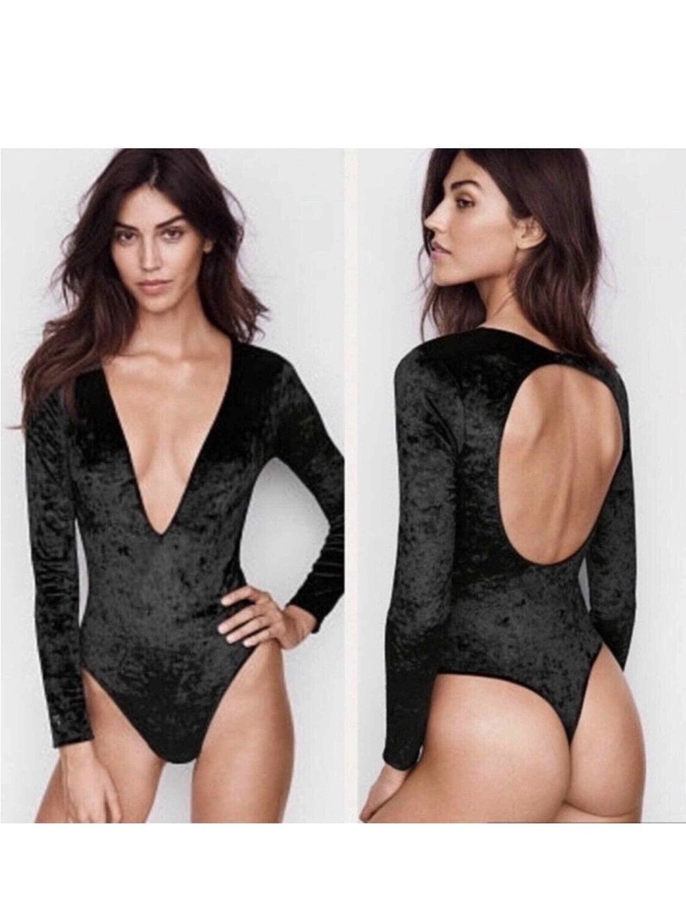 Black Crushed Velvet Long-Sleeve Plunge  Backless Bodysuit XS